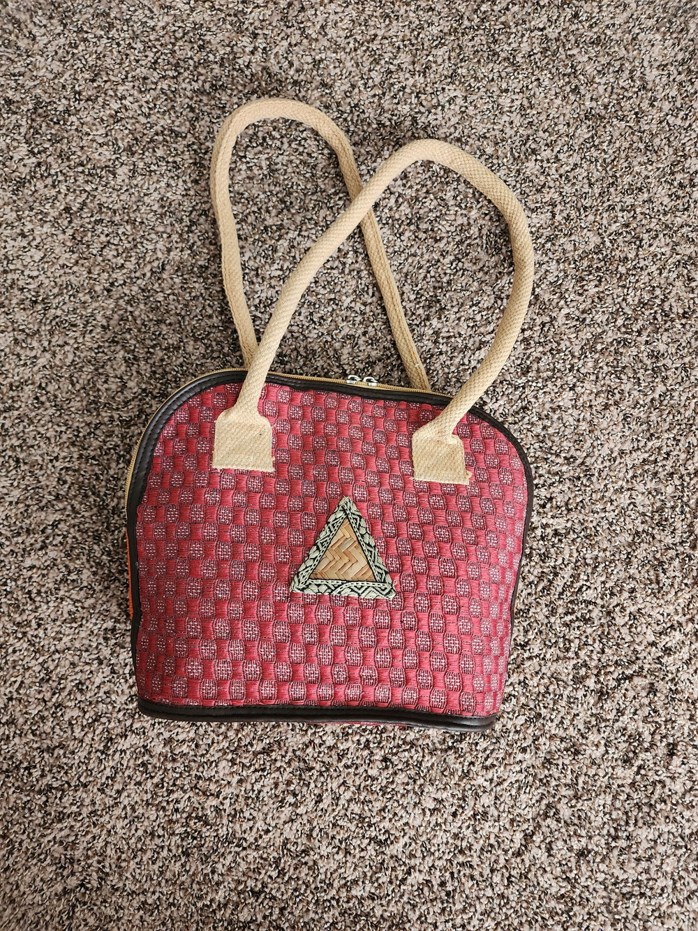 Eco- Friendly Jute Woven Red  Bag with Natural Handles